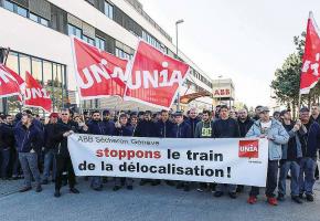 Manifestation des salariés d’ABB Sécheron, en octobre 2017, contre la menace de délocalisation. unia.ch