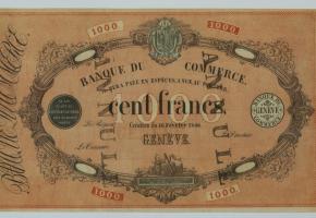 Essai pour un billet de 1000 francs avec éléments du billet de 100 francs d’Auguste André Bovet (Genève, 1799 – Genève, 1864). MAH DE GENèVE
