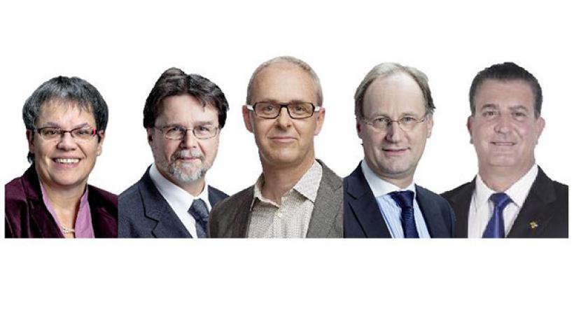 Liliane Maury Pasquier (PS), Robert Cramer (Verts), Benoît Genecand (PLR), Yves Nidegger (UDC) et Eric Stauffer (MCG). DR 