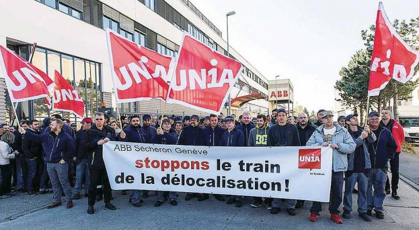 Manifestation des salariés d’ABB Sécheron, en octobre 2017, contre la menace de délocalisation. unia.ch