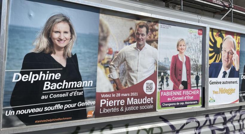 Les affiches des trois candidats de droite au second tour de l’élection complémentaire au Conseil d’Etat remportée par la Verte Fabienne Fischer.