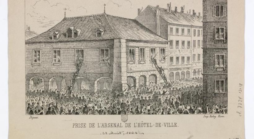 Gravure représentant la prise de l’Arsenal de l’Hôtel  de Ville.  BIBLIOTHèQUE DE GENèVE