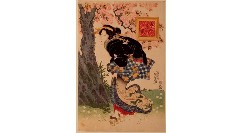 Keisai Eisen, «Trois femmes dans une brise de printemps» (détail), triptyque ôban publié par Moritaya, fin des années 1820. 
