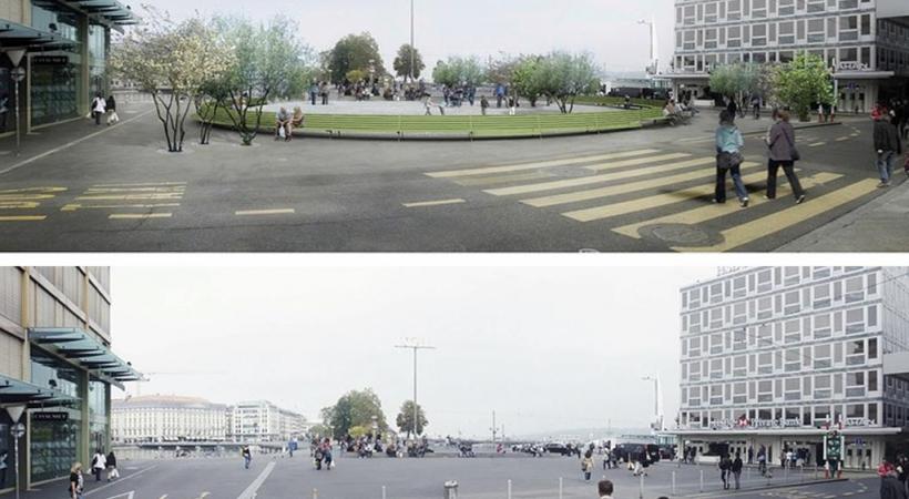 En haut, le projet de la nouvelle place du Rhône, en bas, le site aujourd’hui. DR 